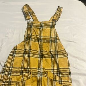 yellow checkered overall dress